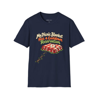 Graphic fitness T-shirt featuring the "My Picnic Blanket Has a Cooldown Reservation" design.