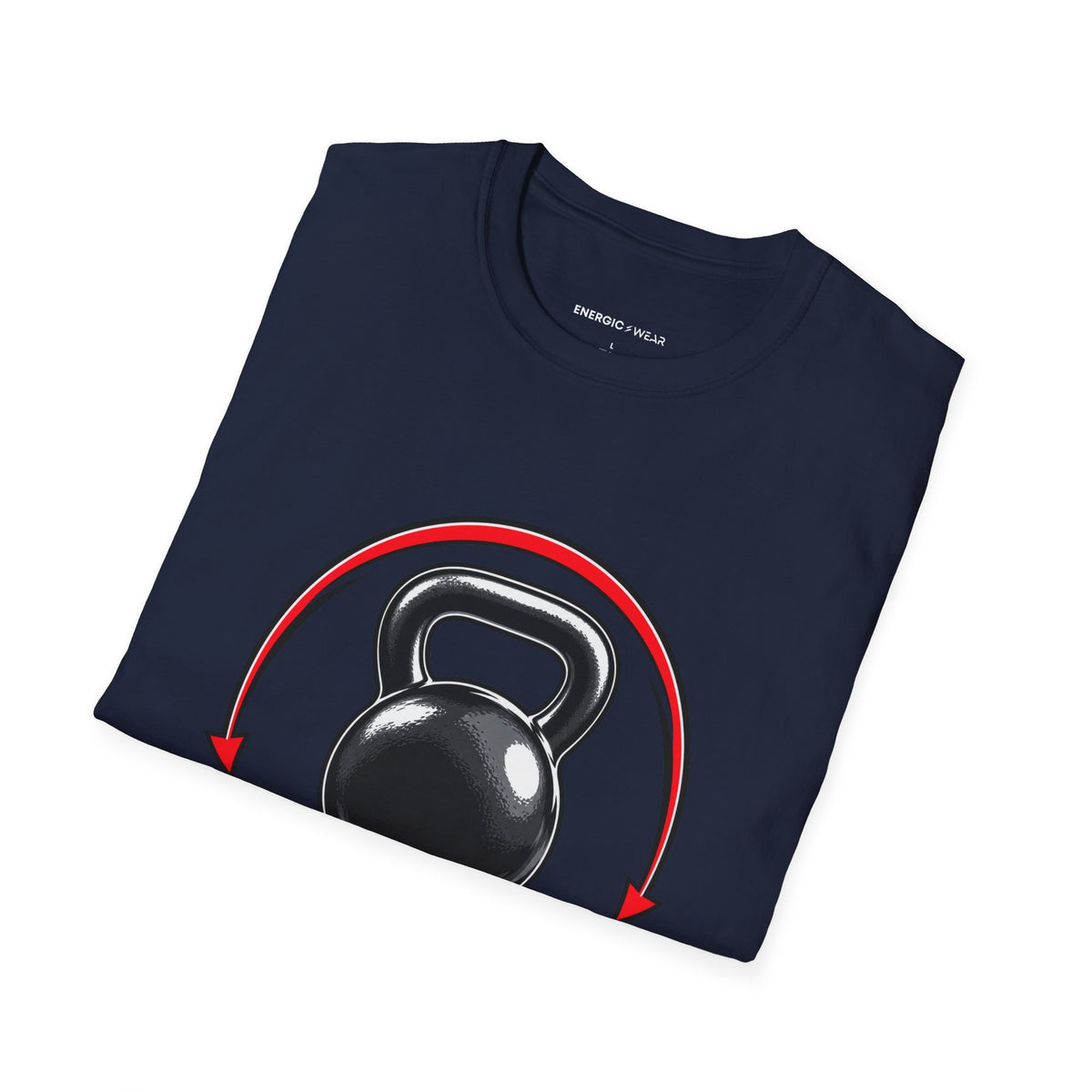 Graphic fitness T-shirt featuring the "Control the Swing Own the Bell" design.