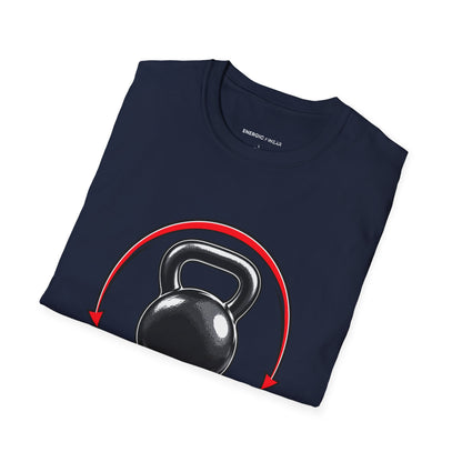 Graphic fitness T-shirt featuring the "Control the Swing Own the Bell" design.