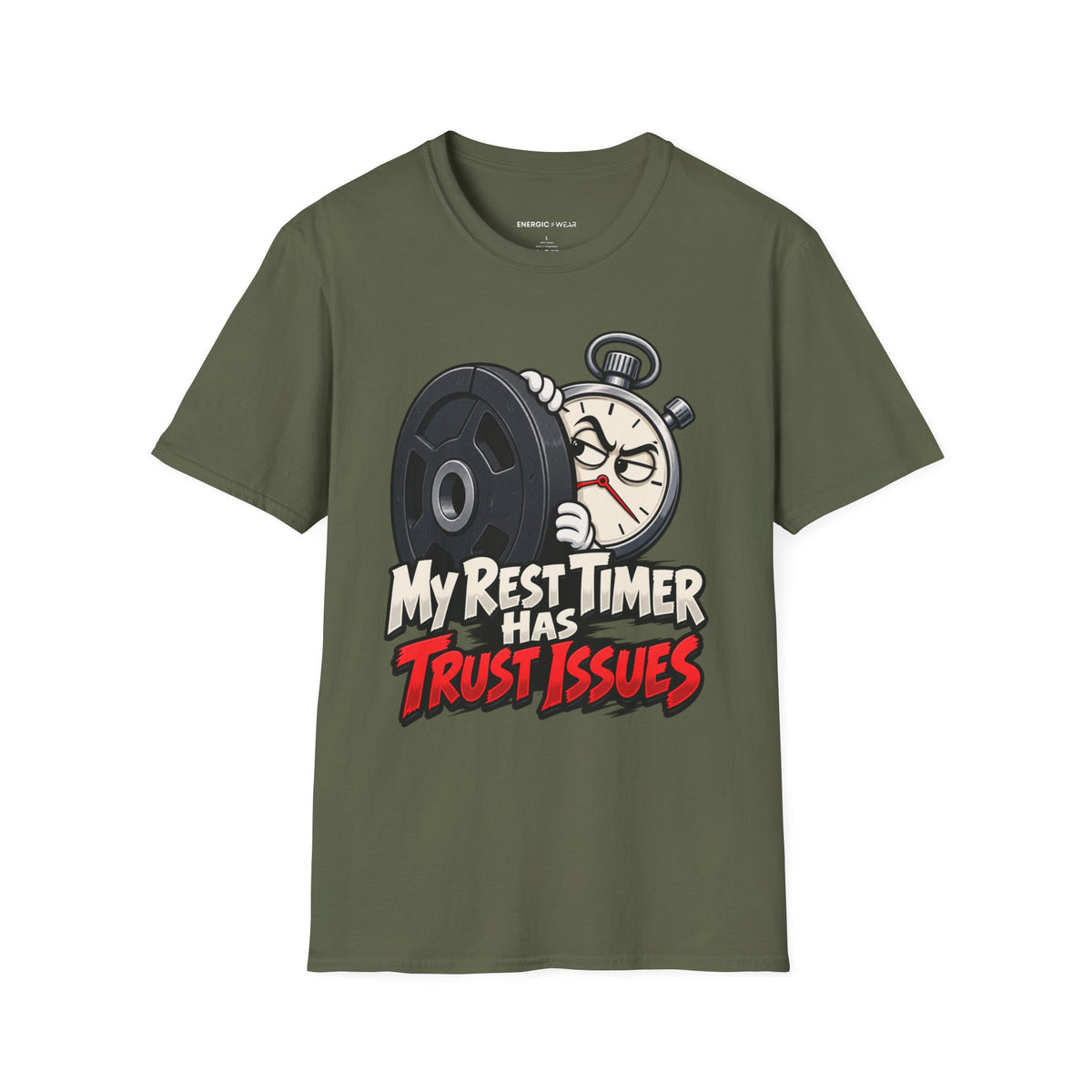 Graphic fitness T-shirt featuring the "My Rest Timer Has Trust Issues" design.