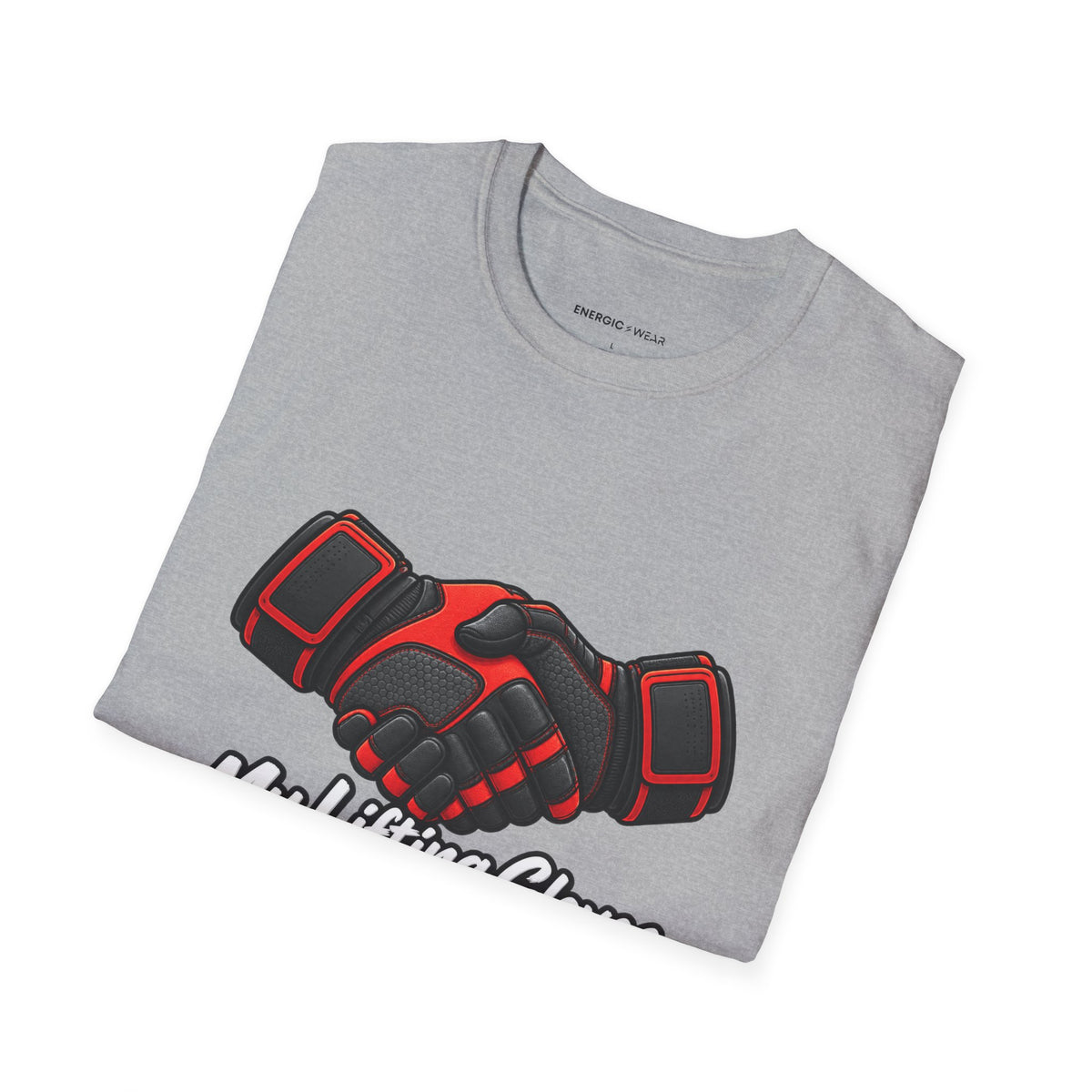 Graphic fitness T-shirt featuring the "My Lifting Gloves Have a Firm Handshake" design.