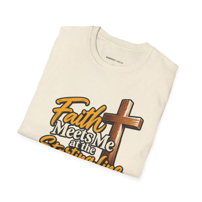 Graphic fitness T-shirt featuring the "Faith Meets Me at the Starting Line" design.