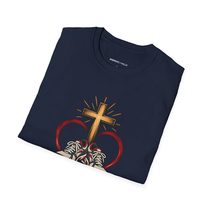Graphic fitness T-shirt featuring the "An Open Heart and a Ready Pair of Shoes" design.