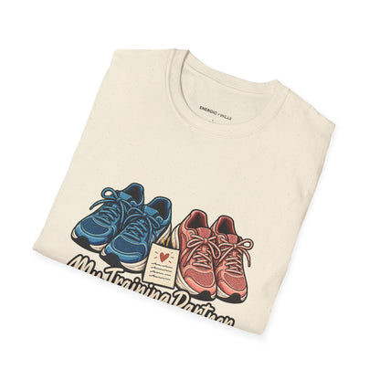 Graphic fitness T-shirt featuring the "My Training Partner Gets a Prayer Too" design.