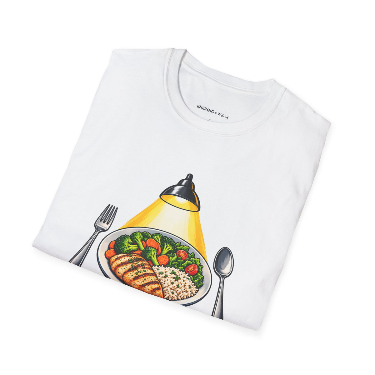 Graphic fitness T-shirt featuring the "I Plate My Food with Championship Focus" design.