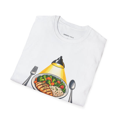Graphic fitness T-shirt featuring the "I Plate My Food with Championship Focus" design.