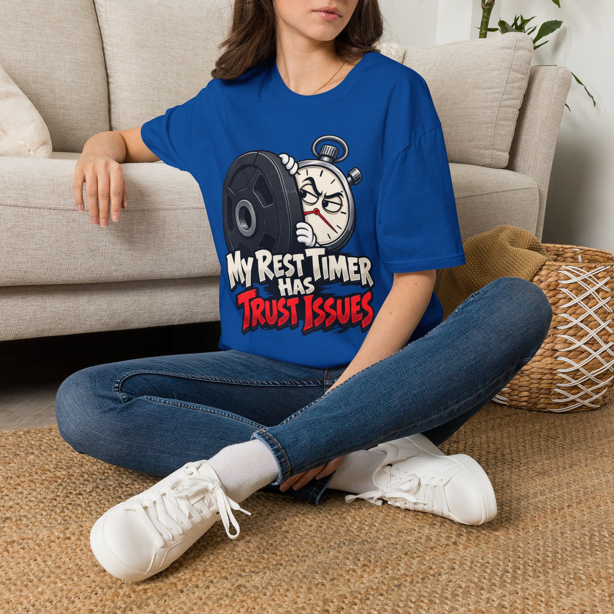 Graphic fitness T-shirt featuring the "My Rest Timer Has Trust Issues" design.