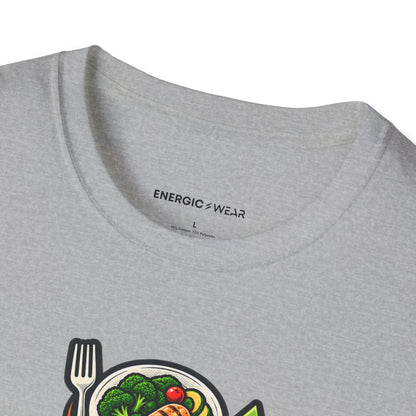 Graphic fitness T-shirt featuring the "Built Between Meals" design.