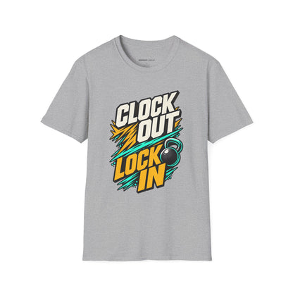 Graphic fitness T-shirt featuring the "Clock Out, Lock In" design.