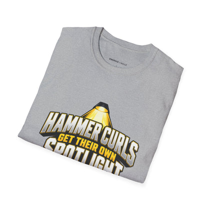 Graphic fitness T-shirt featuring the "Hammer Curls Get Their Own Spotlight" design.