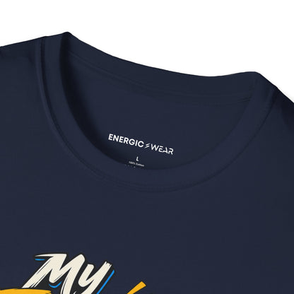 Graphic fitness T-shirt featuring the "My Energy Can Lift the Room" design.