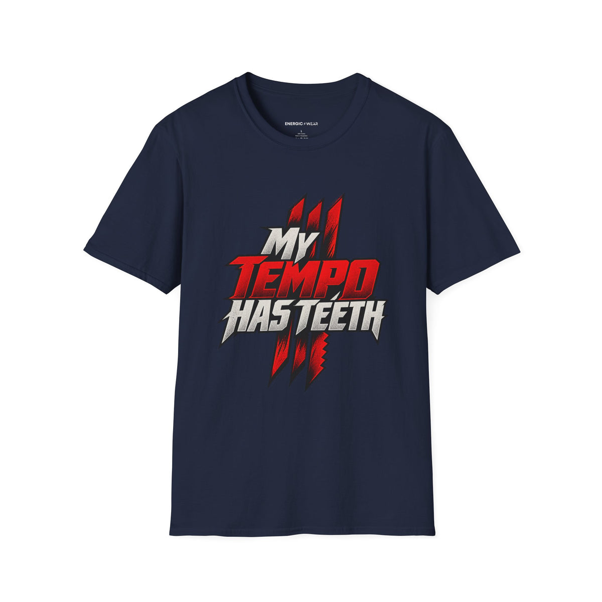 Graphic fitness T-shirt featuring the "My Tempo Has Teeth" design.