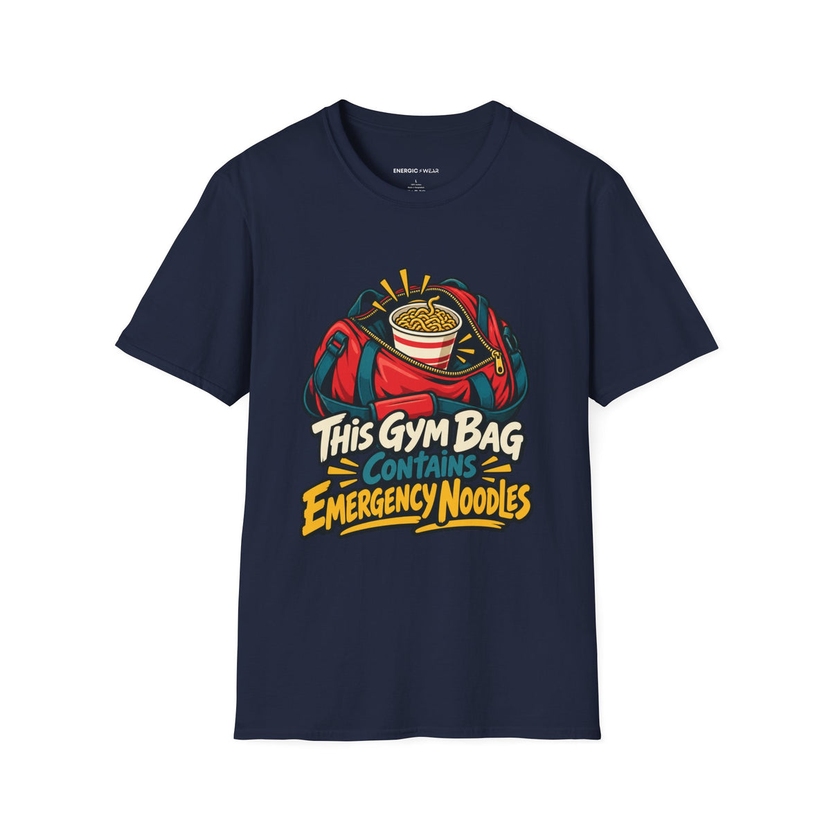 Graphic fitness T-shirt featuring the "This Gym Bag Contains Emergency Noodles" design.