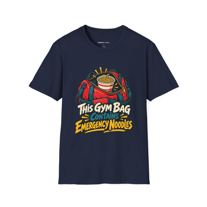 Graphic fitness T-shirt featuring the "This Gym Bag Contains Emergency Noodles" design.