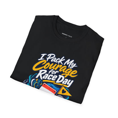 Graphic fitness T-shirt featuring the "I Pack My Courage for Race Day" design.