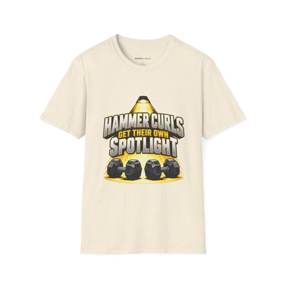 Graphic fitness T-shirt featuring the "Hammer Curls Get Their Own Spotlight" design.