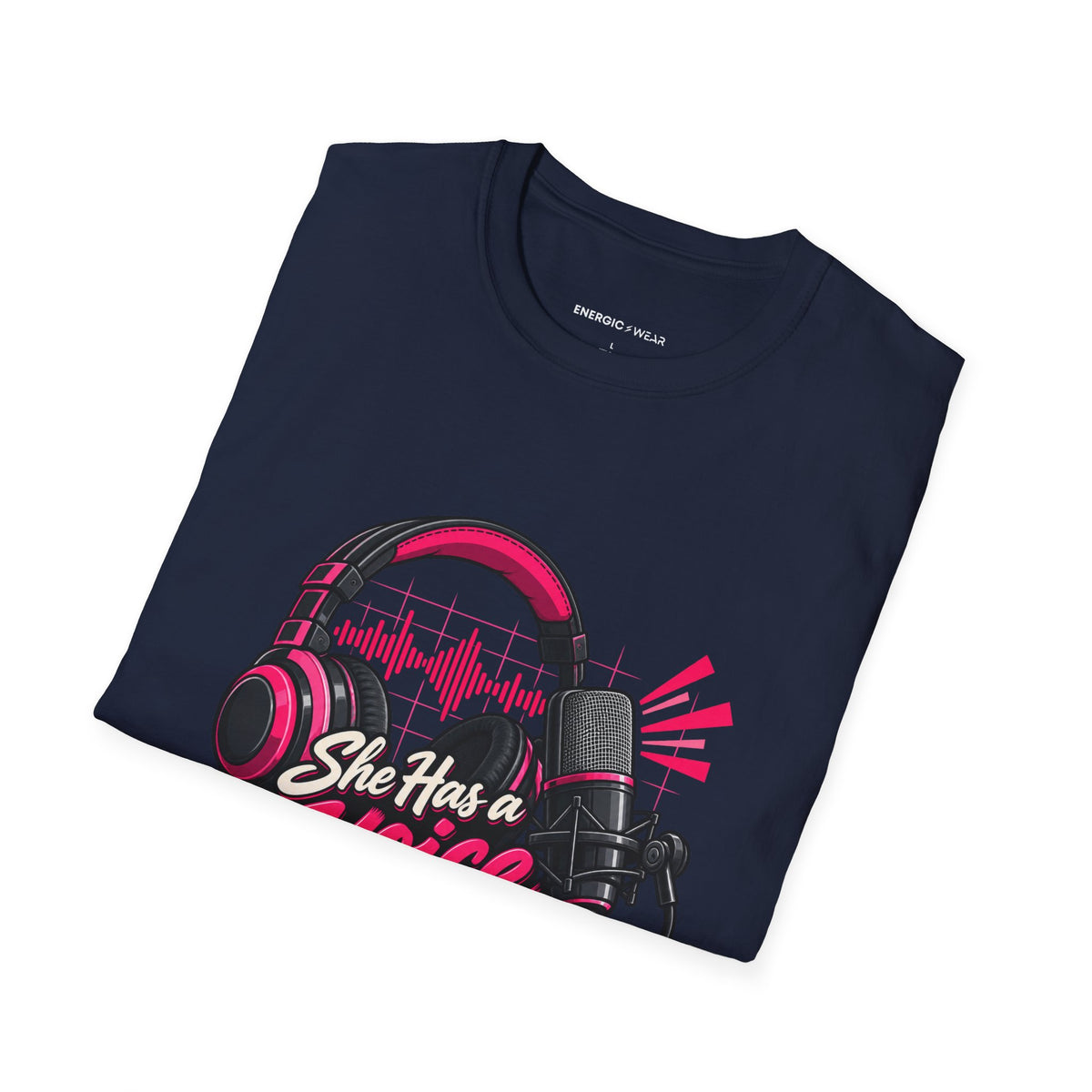Graphic fitness T-shirt featuring the "She Has a Voice Behind the Microphone" design.
