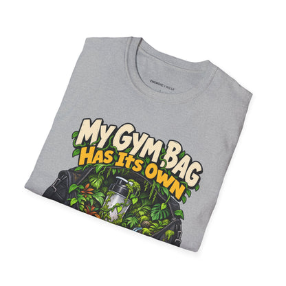 Graphic fitness T-shirt featuring the "My Gym Bag Has Its Own Ecosystem" design.
