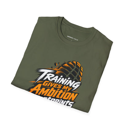Graphic fitness T-shirt featuring the "Training Gives My Ambition Footprints" design.