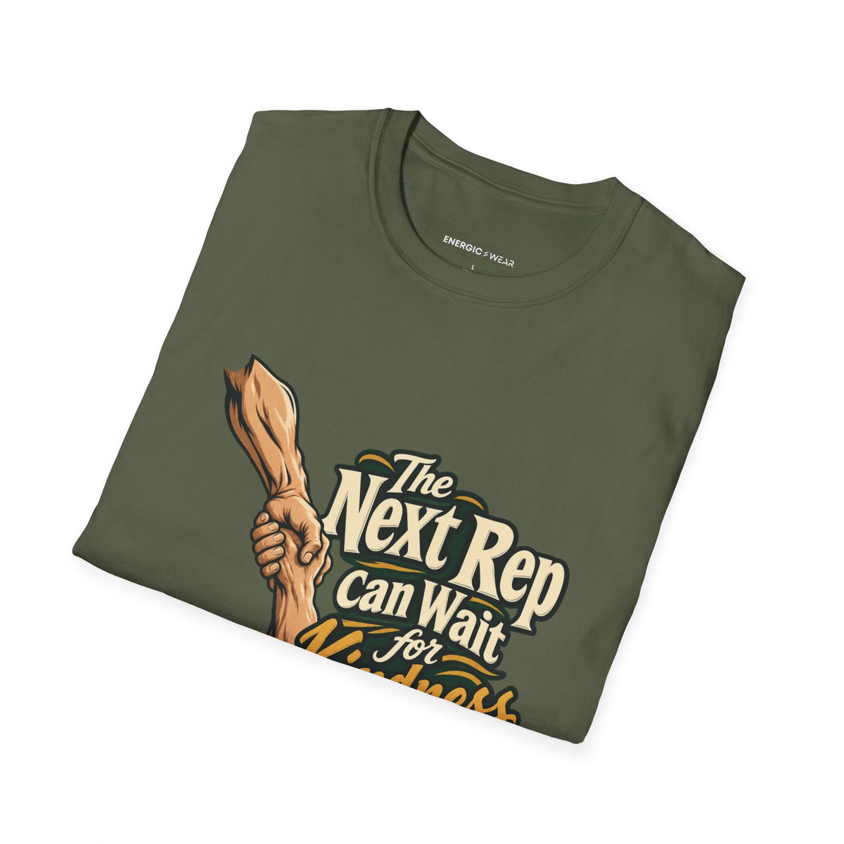 Graphic fitness T-shirt featuring the "The Next Rep Can Wait for Kindness" design.