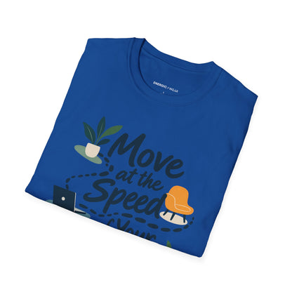 Graphic fitness T-shirt featuring the "Move at the Speed of Your Life" design.