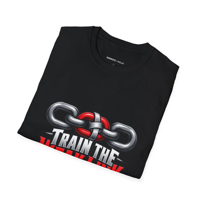 Graphic fitness T-shirt featuring the "Train the Weak Link With Respect" design.