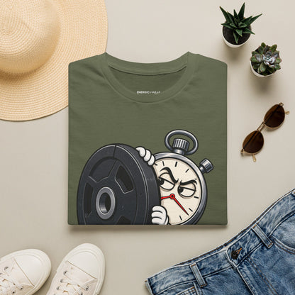Graphic fitness T-shirt featuring the "My Rest Timer Has Trust Issues" design.