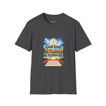 Graphic fitness T-shirt featuring the "God Goes Beyond My Personal Best" design.