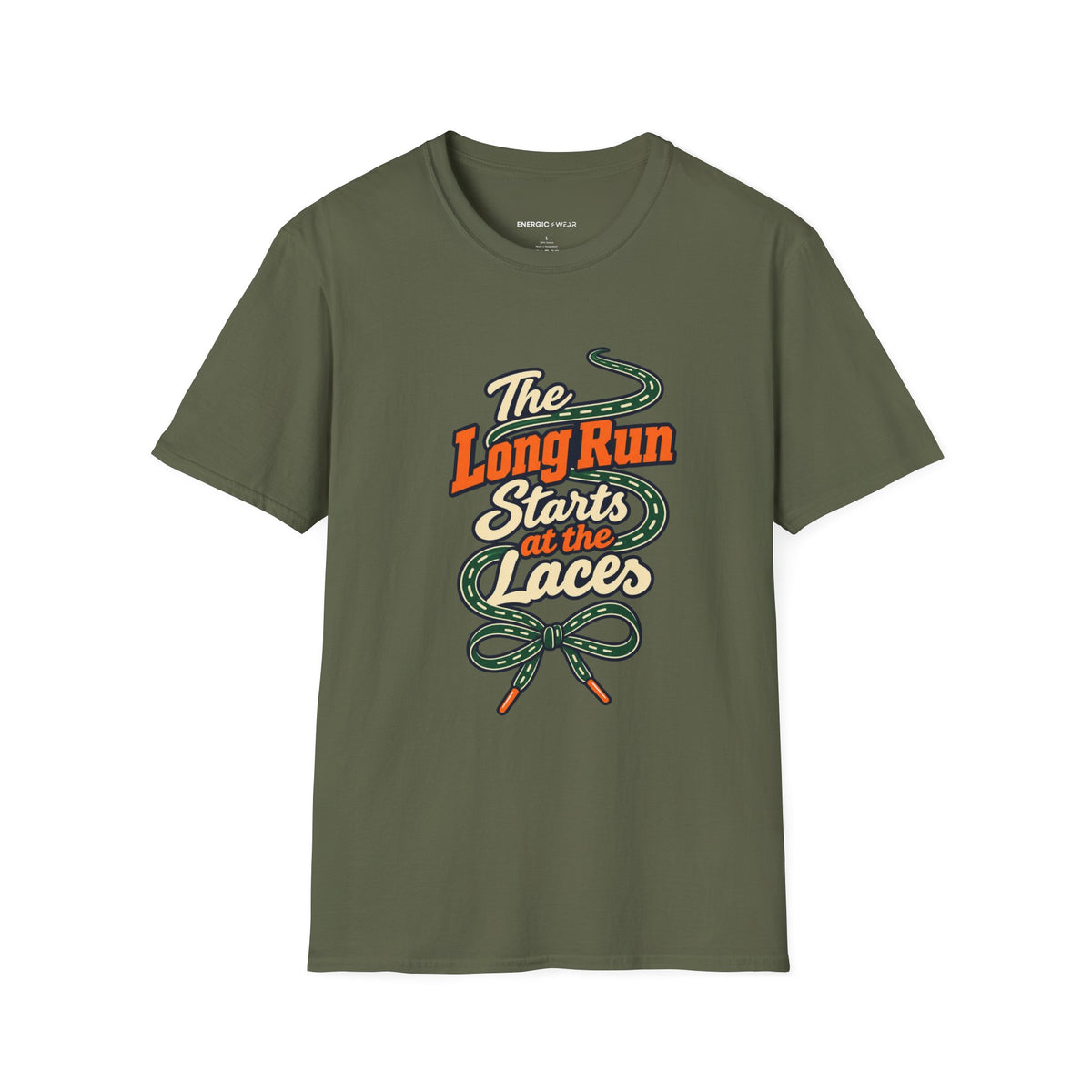 Graphic fitness T-shirt featuring the "The Long Run Starts at the Laces" design.