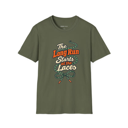 Graphic fitness T-shirt featuring the "The Long Run Starts at the Laces" design.
