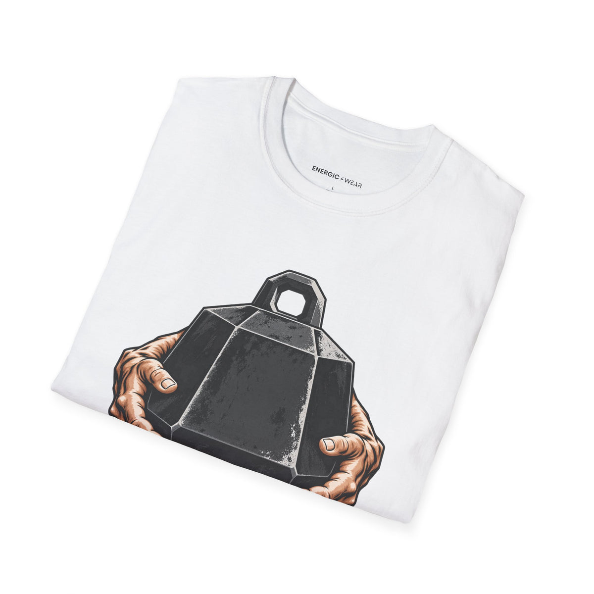 Graphic fitness T-shirt featuring the "Heavy Work, Steady Hands" design.