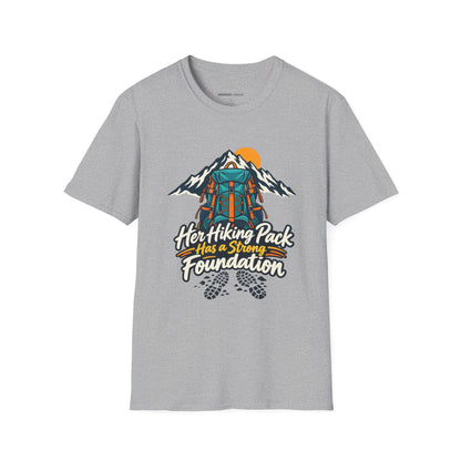 Graphic fitness T-shirt featuring the "Her Hiking Pack Has a Strong Foundation" design.