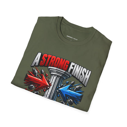 Graphic fitness T-shirt featuring the "A Strong Finish Starts With a Stable Middle" design.