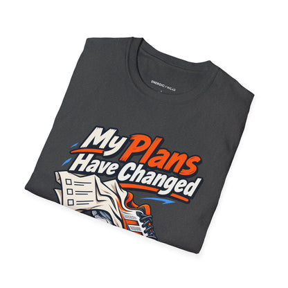 Graphic fitness T-shirt featuring the "My Plans Have Changed Into Training Shoes" design.