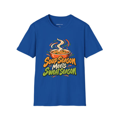 Graphic fitness T-shirt featuring the "Soup Season Meets Sweat Season" design.