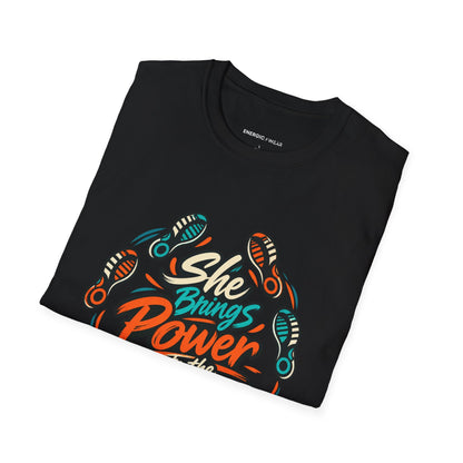 Graphic fitness T-shirt featuring the "She Brings Power to the Eight Count" design.