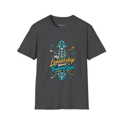 Graphic fitness T-shirt featuring the "My Leadership Wears Training Shoes" design.