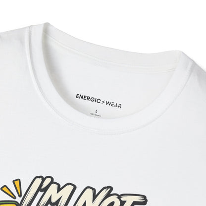 Graphic fitness T-shirt featuring the "I'm Not Lazy, I'm in Energy Saving Mode" design.