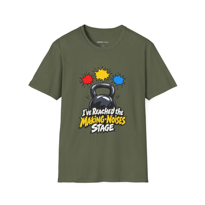 Graphic fitness T-shirt featuring the "I've Reached the Making-Noises Stage" design.