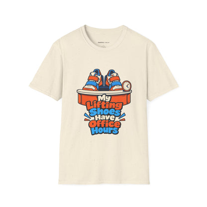 Graphic fitness T-shirt featuring the "My Lifting Shoes Have Office Hours" design.