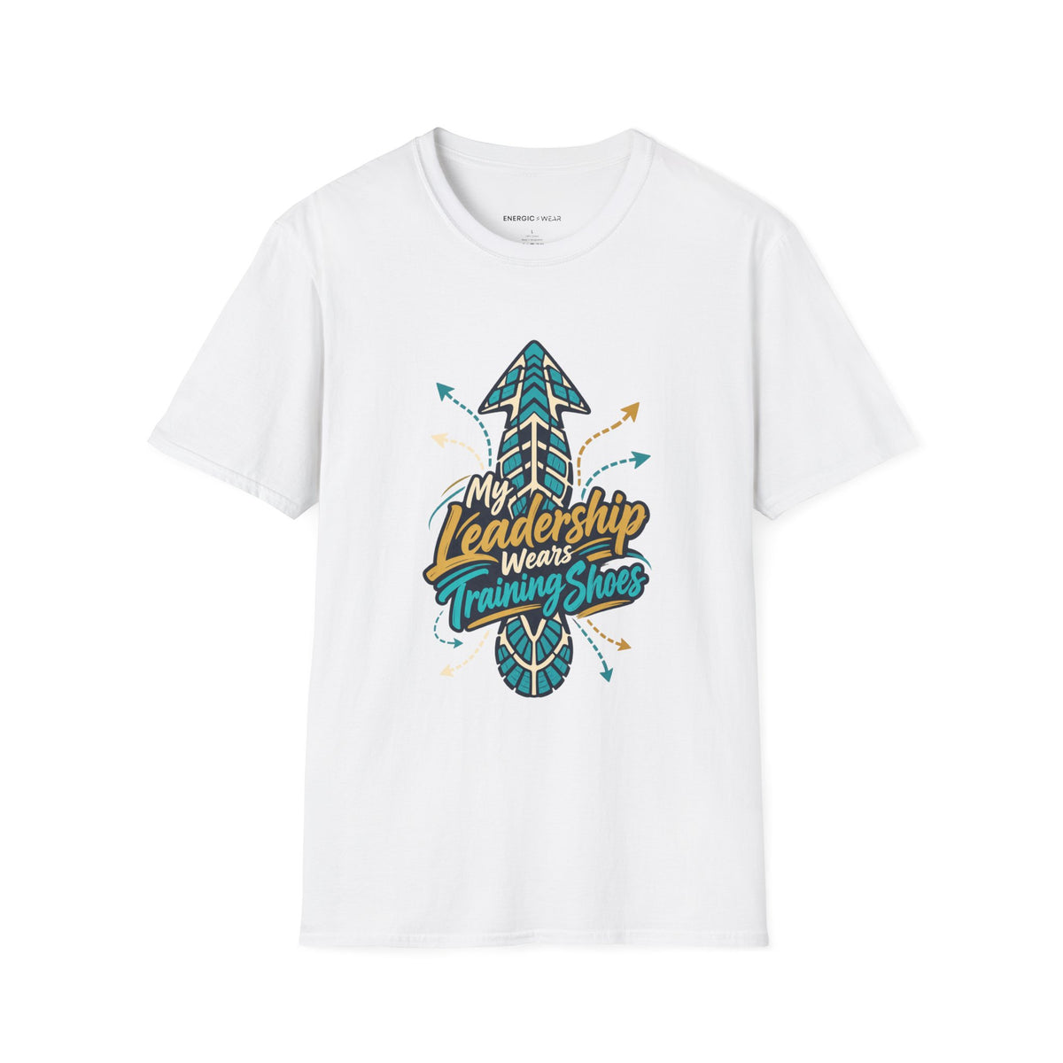 Graphic fitness T-shirt featuring the "My Leadership Wears Training Shoes" design.
