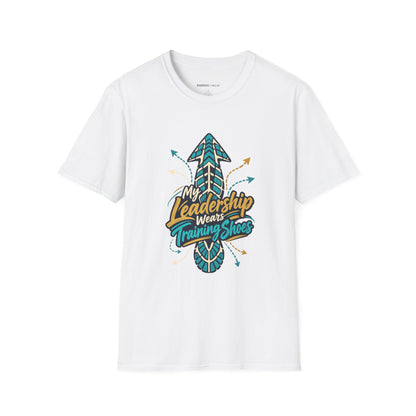 Graphic fitness T-shirt featuring the "My Leadership Wears Training Shoes" design.
