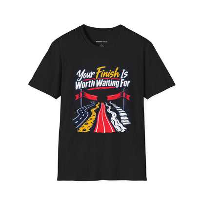 Graphic fitness T-shirt featuring the "Your Finish Is Worth Waiting For" design.