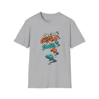 Graphic fitness T-shirt featuring the "She Can Out-Climb Her Old Doubts" design.