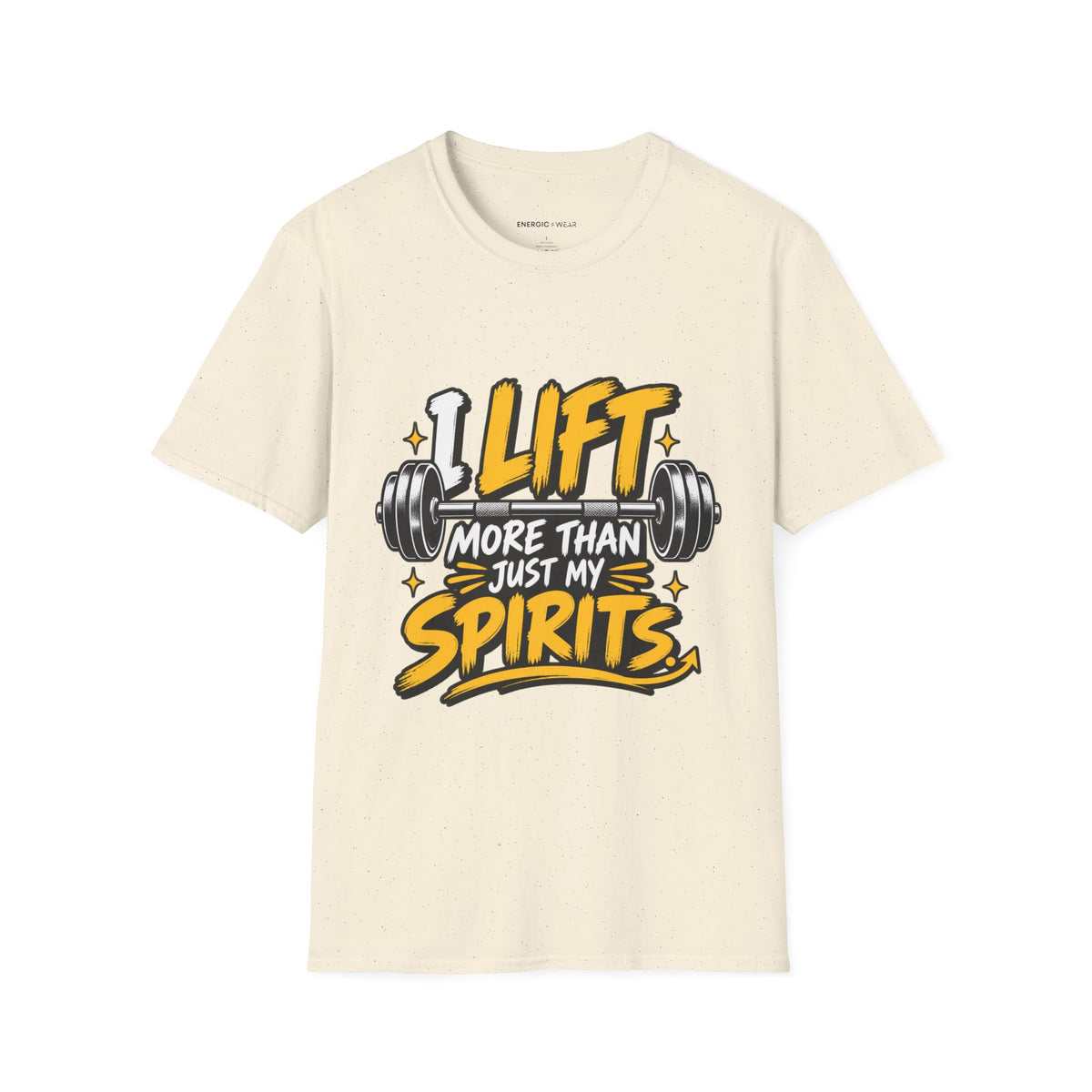 Graphic fitness T-shirt featuring the "I Lift More Than My Spirits" design.