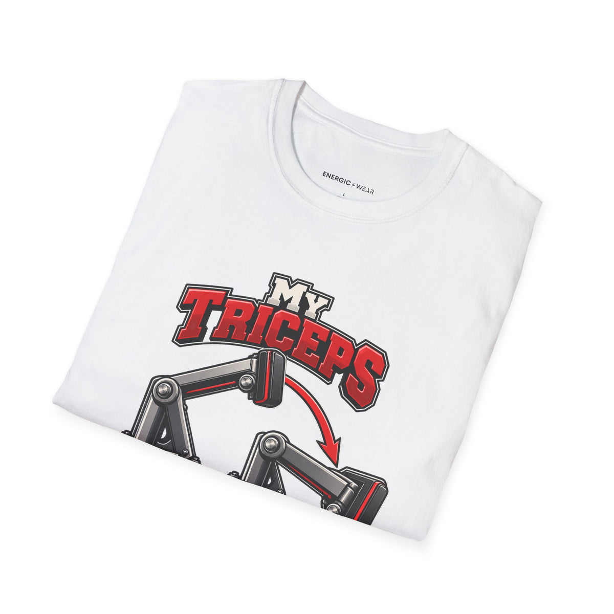 Graphic fitness T-shirt featuring the "My Triceps Finish What My Chest Starts" design.