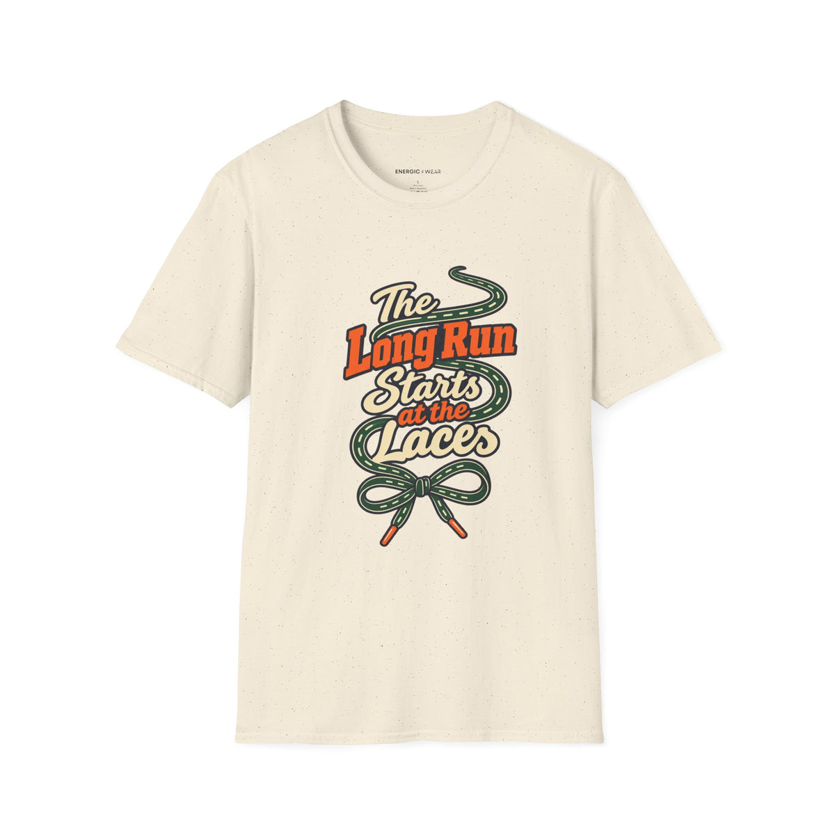 Graphic fitness T-shirt featuring the "The Long Run Starts at the Laces" design.