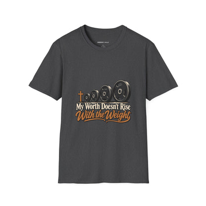 Graphic fitness T-shirt featuring the "My Worth Doesn t Rise With the Weight" design.