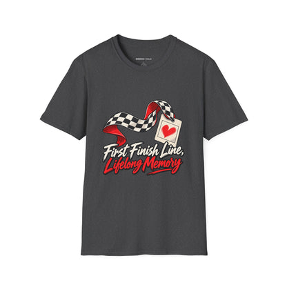 Graphic fitness T-shirt featuring the "First Finish Line Lifelong Memory" design.
