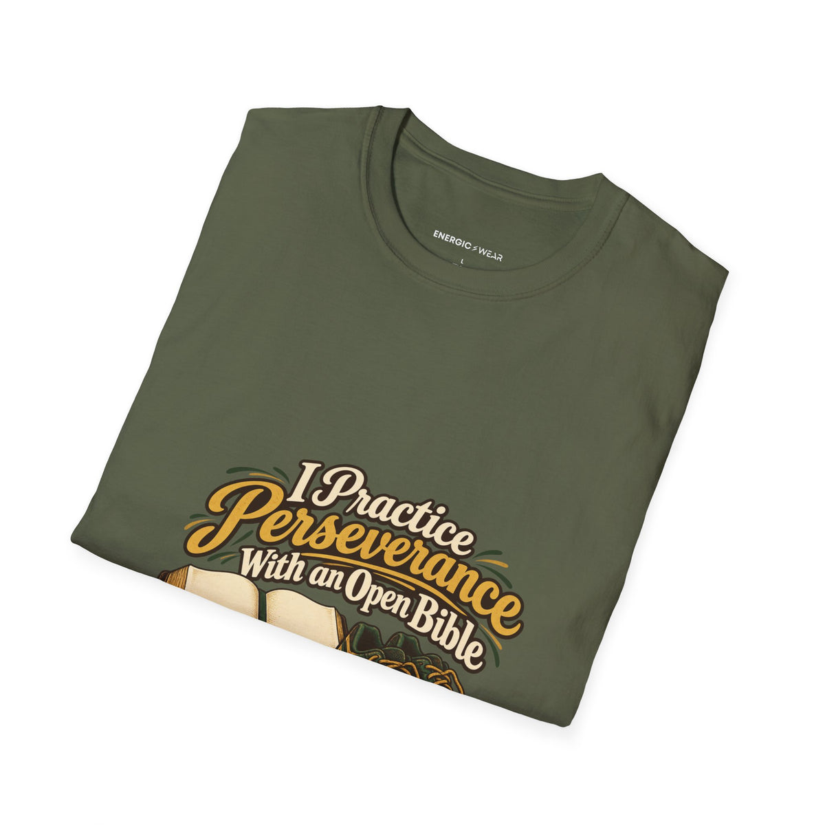 Graphic fitness T-shirt featuring the "I Practice Perseverance with an Open Bible" design.